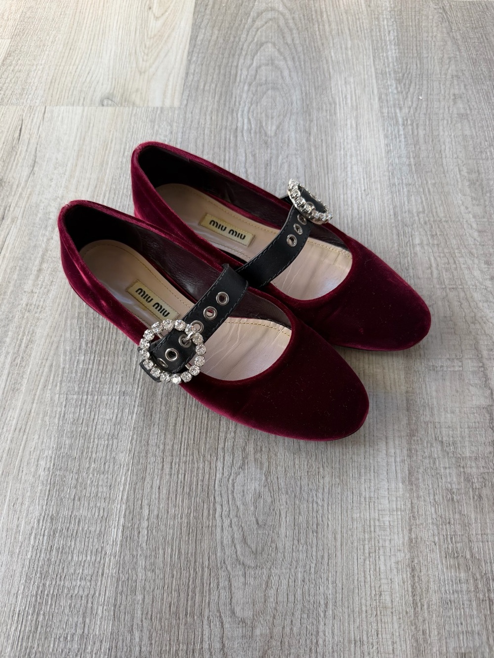 Miu Miu Burgundy Velvet Mary Jane Flats,  Leather Crystal Buckle Shoes